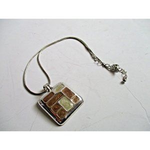 *Color Blocked Inlaid Copper and Cream Pendant Silvertone Lobster Claw Necklace